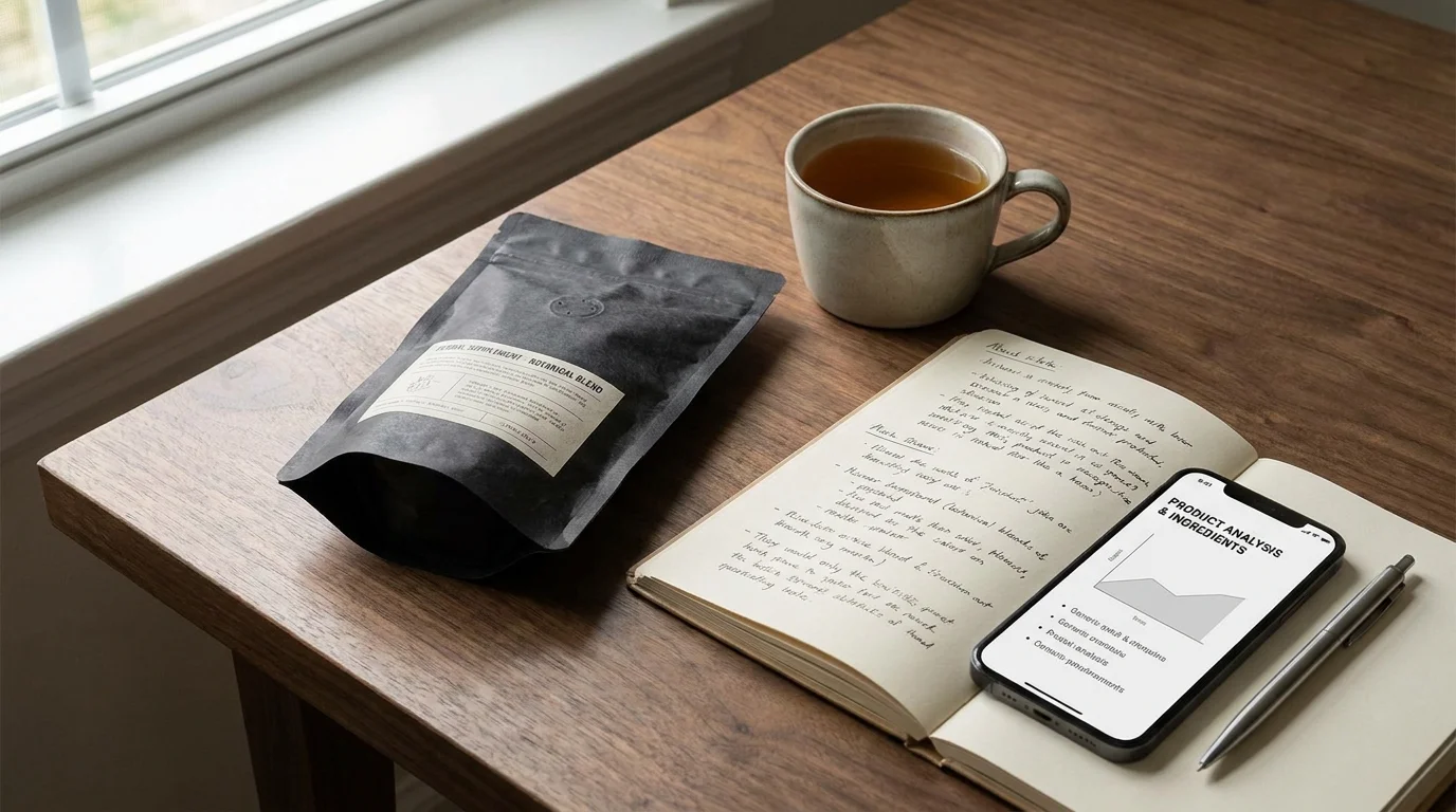 Black Wood Tea product pouch alongside a cup of tea, a notebook with research notes, and a phone displaying product analysis — representing informed buyer decision-making