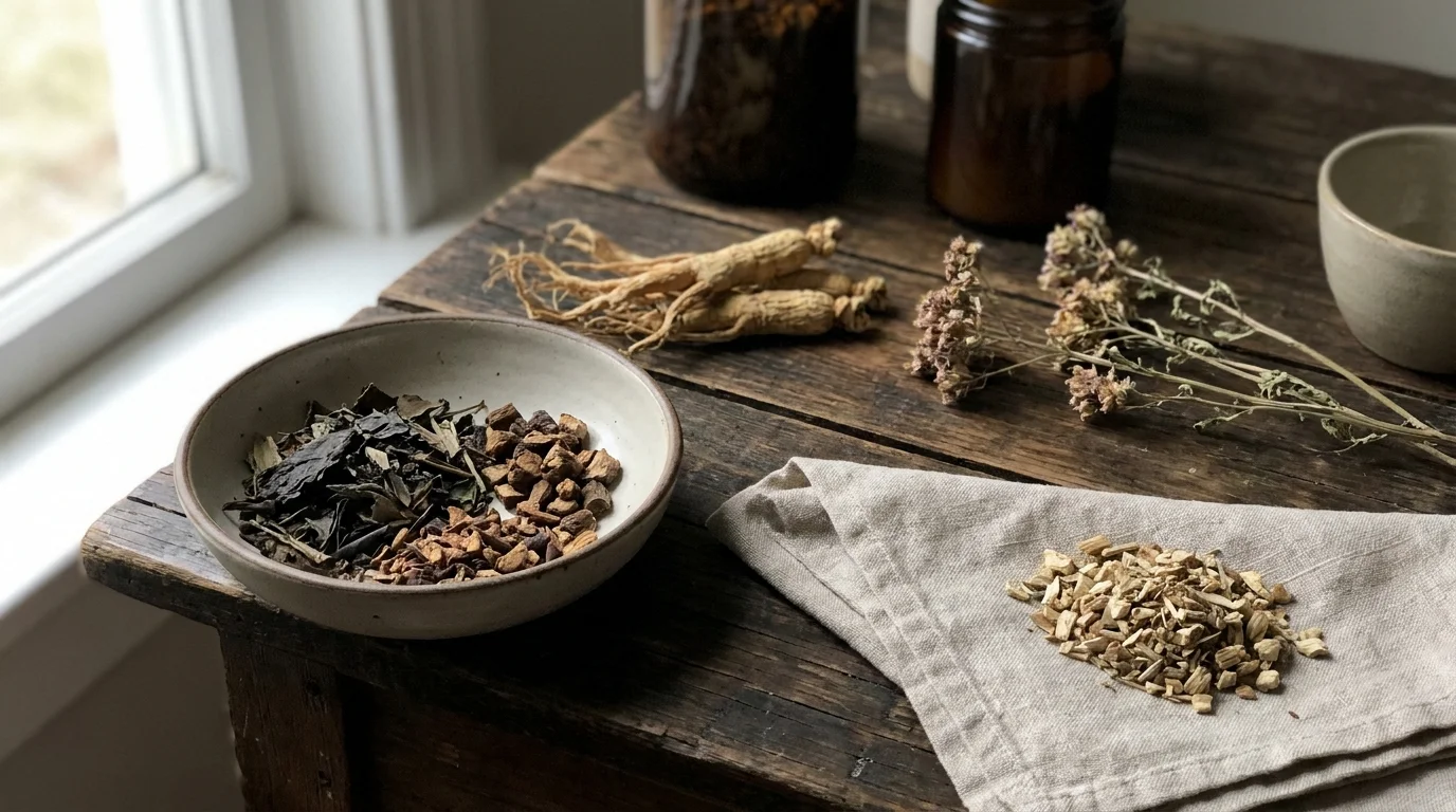 Dried botanical ingredients including ginseng root, tea leaves, and herbal components arranged on a rustic wooden surface with linen cloth