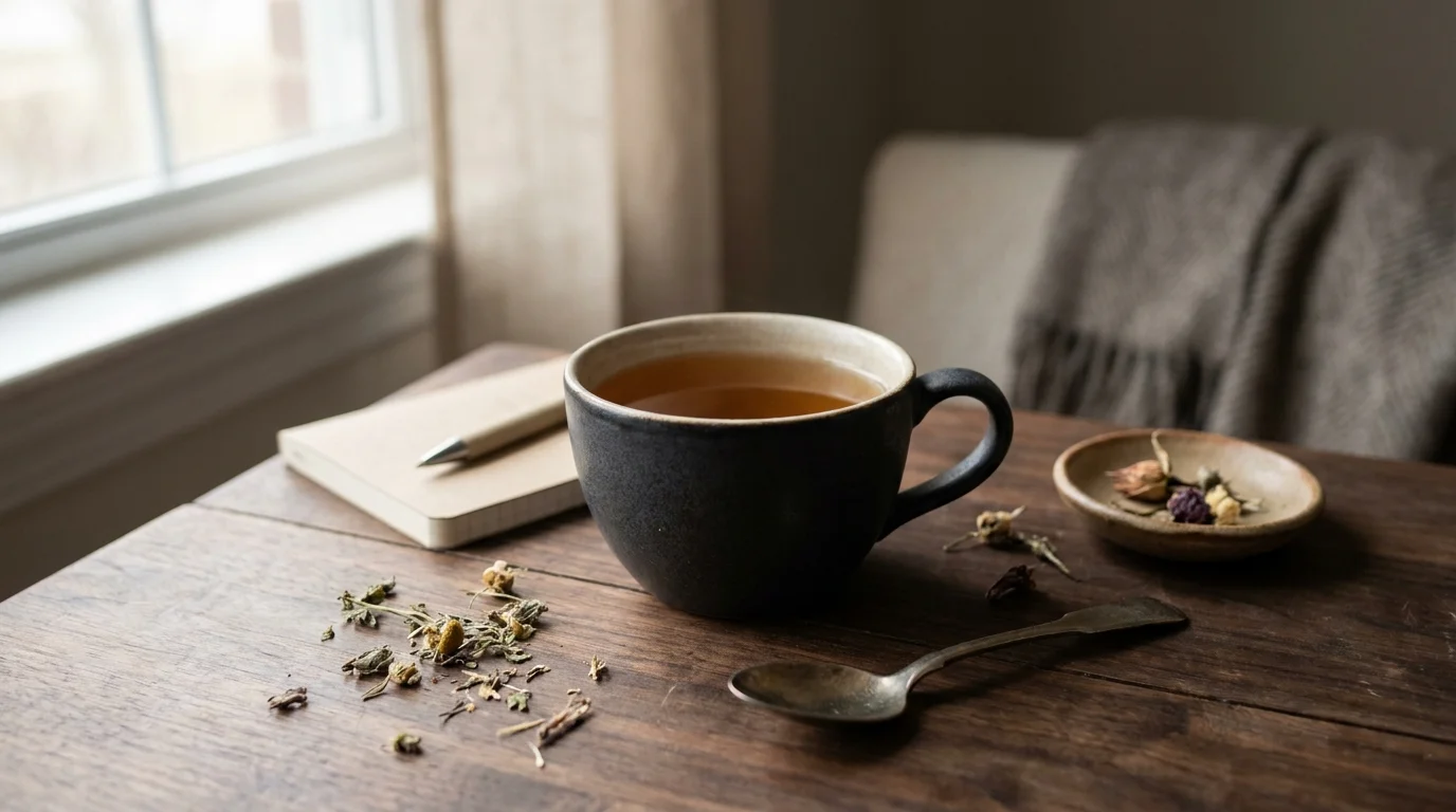 A ceramic cup of freshly brewed tea on a wooden table with dried herbs, a notebook, and natural morning light