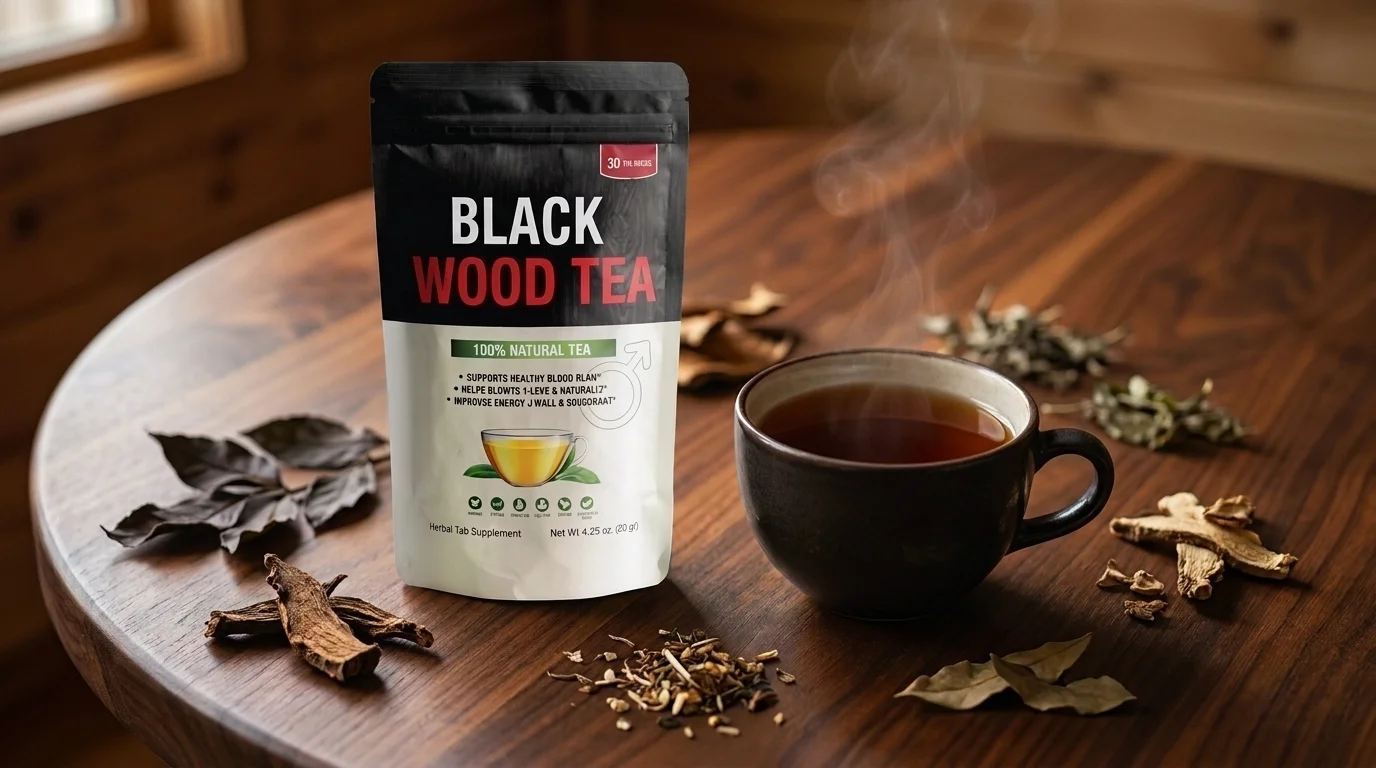 Black Wood Tea product pouch on a wooden table with a steaming cup of tea and dried botanical ingredients